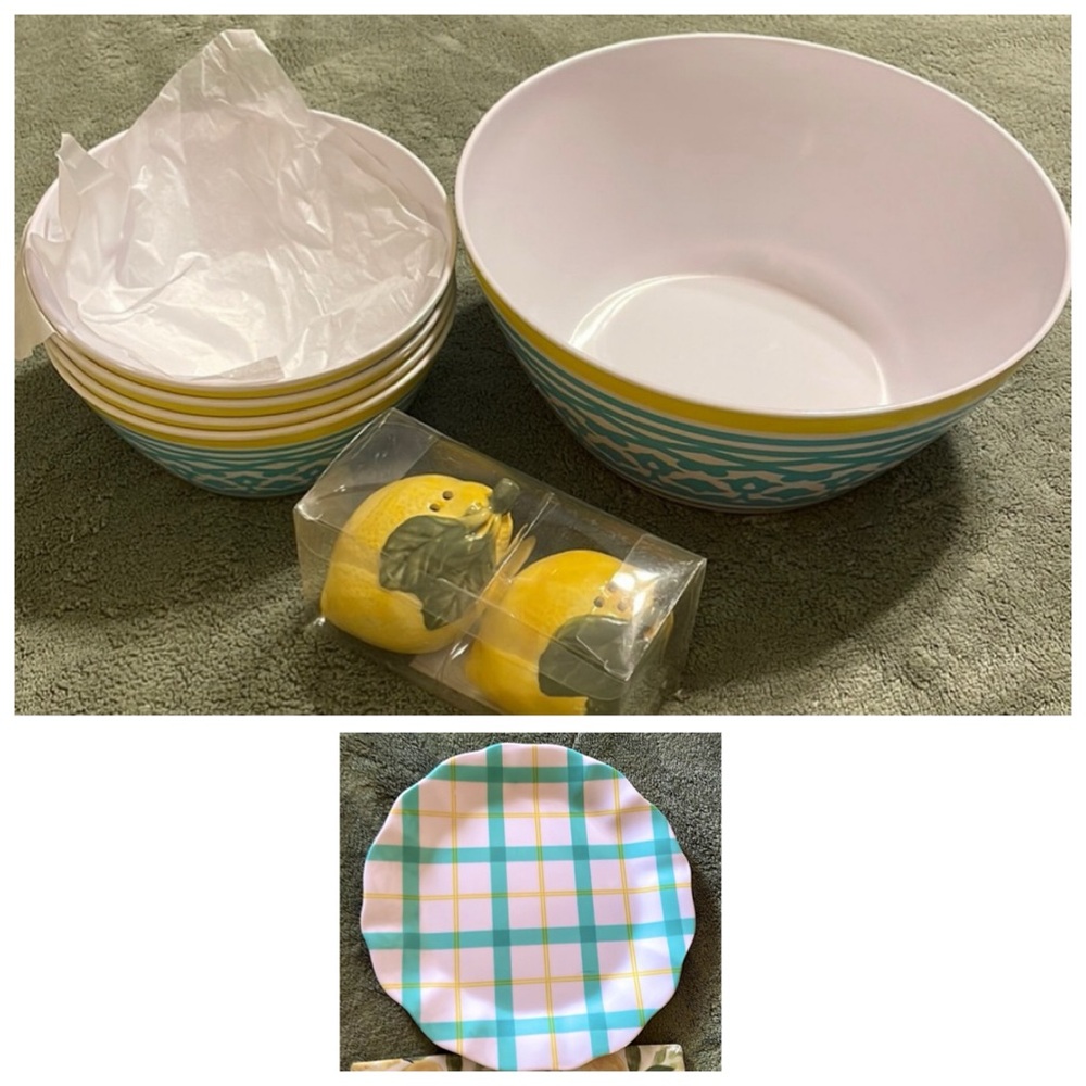 Lemon melamine srv bowl, 4 sm bowls, plate, ceramic lemon salt & pepper shkrs